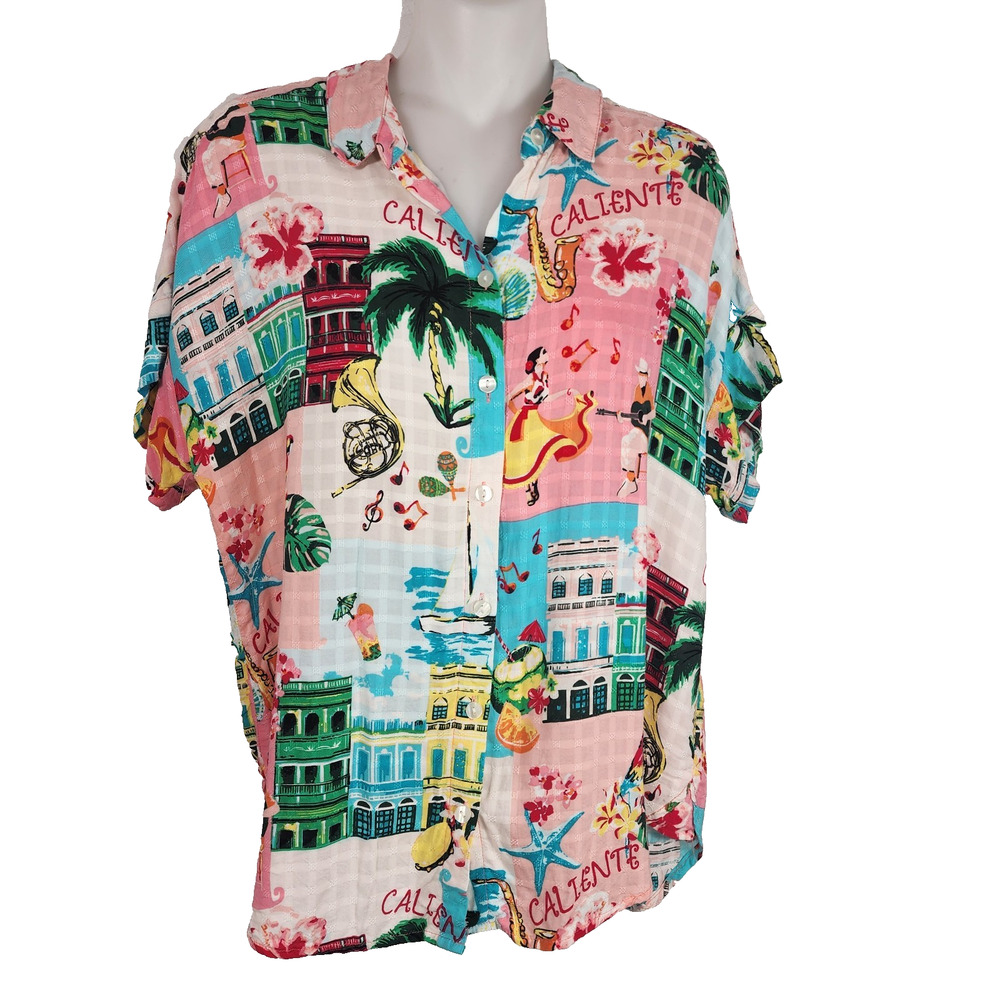 Jane and Delancey Womens Caliente Shirt M Button Short Sleeve Tropical Music